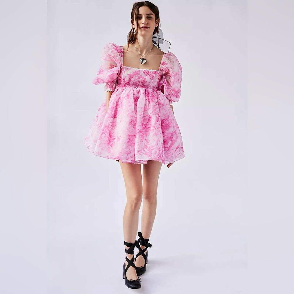 SELKIE PINK BAROQUE PRINT EMPIRE WAIST VOLUMINOUS PRINCESS MINI DRESS SIZE XXS